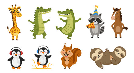 Illustration of various cartoon animals including giraffe, alligator, raccoon, and penguins dancing
