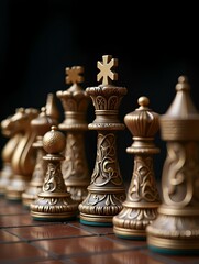 An elaborate chess set featuring a royal-themed design, intricately detailed with ornamental carvings that display exquisite artistry and craftsmanship throughout.