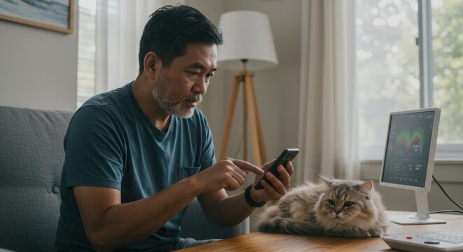 Asian man using his smartphone with his cat sitting on the table