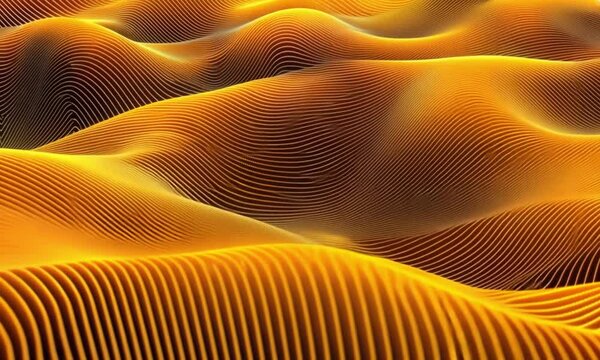 Abstract image of undulating, golden, parallel lines creating a three-dimensional, wave-like texture resembling dunes or flowing fabric