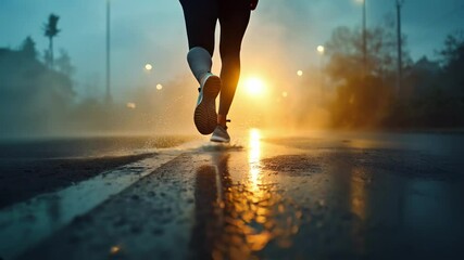 Dynamic low-angle shot of a runner on a wet road at dusk, capturing motion and energy Perfect for a motivational video backdrop