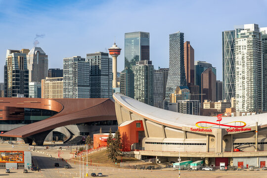 Calgary, Alberta, Canada &ndash; January 30, 2025: Downtown with Scotiabank Saddledome and BMO Center in the foreground. Built in 1983, the dome is set to be replaced by a new arena and event centre.