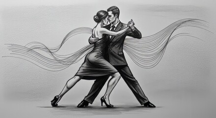 Pencil drawing of tango dancers, elegant and connected movements.