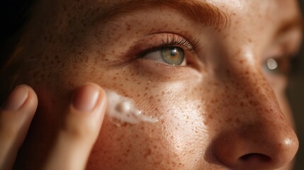 A woman is applying cream to her face to moisturize her skin