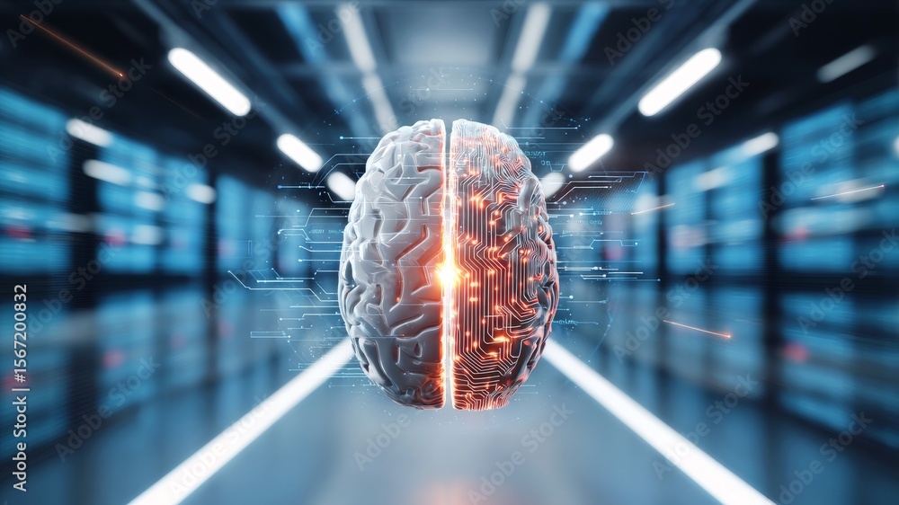 Poster futuristic digital brain with holographic data concept in a high-tech environment