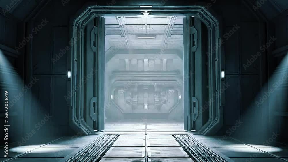 Poster gateway to innovation: a dramatic image of a futuristic portal, a gateway to the unknown, opening in