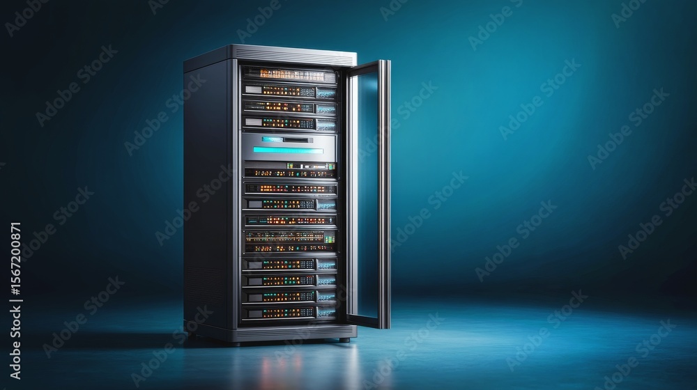 Poster open high-tech server cabinet displaying advanced server equipment with illuminated interfaces