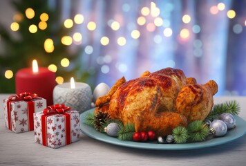 Beautifully Set Table with Large Deep Fried Turkey Surrounded by Festive Decorations and Holiday Elements
