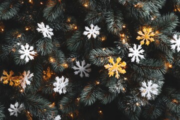 Dark Green Christmas Tree Background with Snowflakes and Soft Lights Ideal for Holiday Celebrations