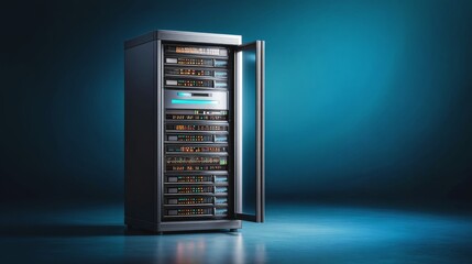Open High-Tech Server Cabinet Displaying Advanced Server Equipment with Illuminated Interfaces