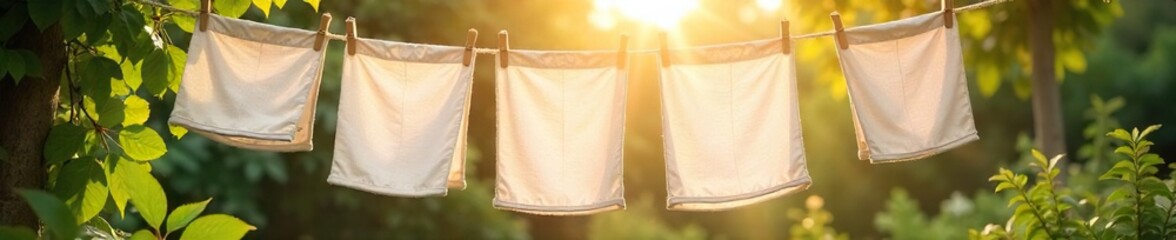 Sun-Drenched Linen Sheets Airing on Clothesline, Fresh Laundry, Summer Garden, Renewal, Revitalization