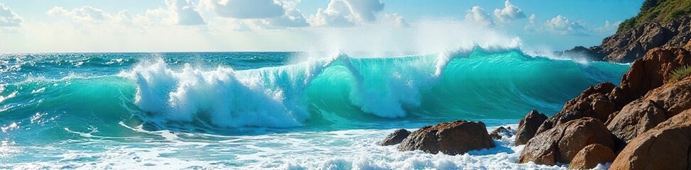 Dramatic Turquoise Ocean Wave Crashing on Rocky Shore, Sunlit Sea Spray, Stunning Natural Light Show
