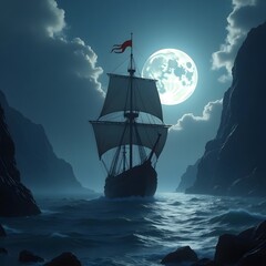 Obraz premium Sailing Ship on the Ocean at Sunset