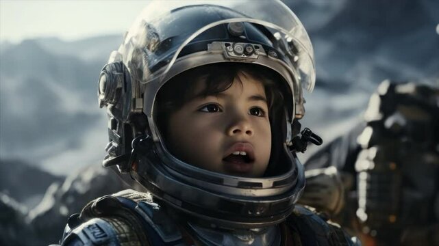 A boy is wearing a heavy space suit, piloted the lunar lander