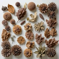 Fototapeta premium Top view of dried flowers and leaves arranged in artistic natural composition on white background