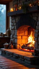 Warm Glow of a Rustic Stone Fireplace Embers, Winter Comfort, Home Decor
