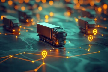 Miniature trucks navigating a digital network with glowing markers in a futuristic setting