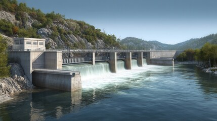 A hydroelectric dam sits in a valley with water flowing through it