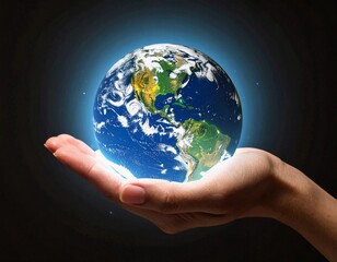 Hyper-Realistic Hand Holding Glowing Earth on Black Background – Environmental Care Concept