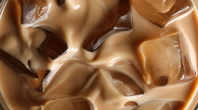 Closeup of iced coffee with ice cubes and creamy milk