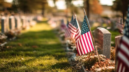 American flags adorn graves in a solemn memorial cemetery