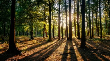 Sunlight filters through the trees, creating long shadows in the tranquil forest
