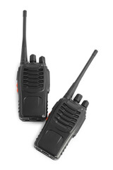 Two walkie talkies on white background, top view. Police equipment