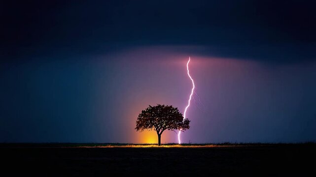 Lone tree lightning night dramatic sky silhouette storm landscape nature field moody scene with electricity and danger, rural outdoors powerful striking weather energy horizon dark scenic