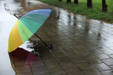 Colorful umbrella on wet asphalt outdoors, space for text