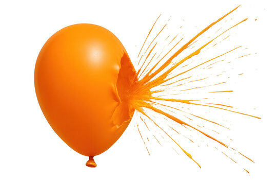 Orange balloon bursting and splattering vibrant orange paint across a transparent background, creating a dynamic and messy explosion