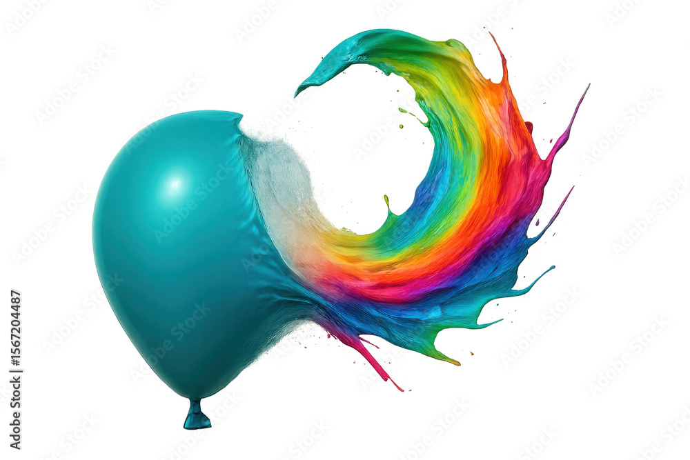 Poster rainbow paint exploding from a turquoise balloon creating a colorful splash on a transparent backgro