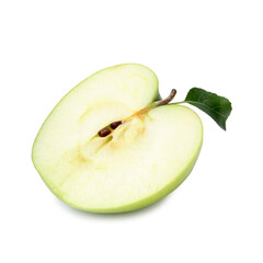 Half of fresh apple with leaf isolated on white