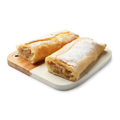 Tasty apple strudels with powdered sugar isolated on white