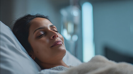 A serene scene of a young woman resting peacefully in a hospital bed, IV stand next to her, draped with a white blanket on top of her.