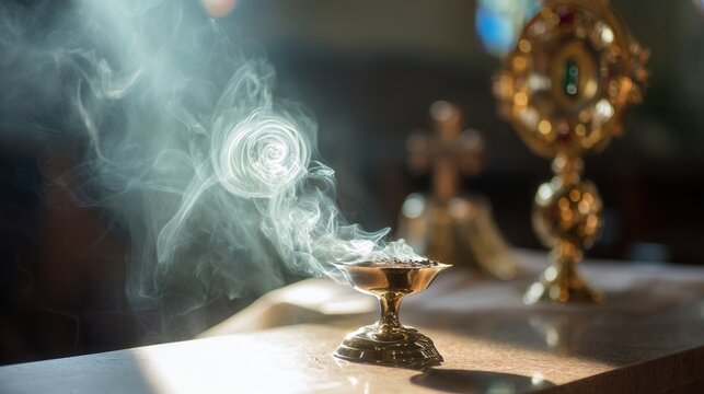 Smoke rises from a golden chalice during a religious ceremony
