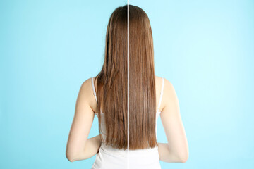 Naklejka premium Hair combing, straightening. Woman showing hairstyle before and after different procedures on light blue background, back view. Photo divided in halves