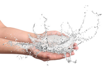 Woman with splashes of pure water on white background, closeup