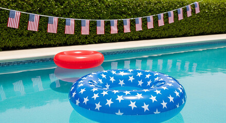 Festive poolside scene with patriotic decorations and inflatable floats, perfect for a summer celebration, inviting and bright. 