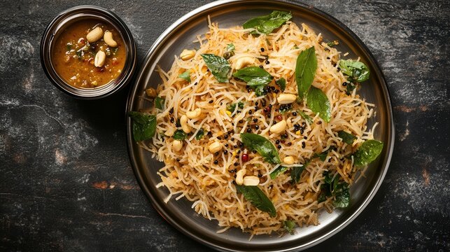 A plate of upma with peanuts and curry leaves is ready to be served
