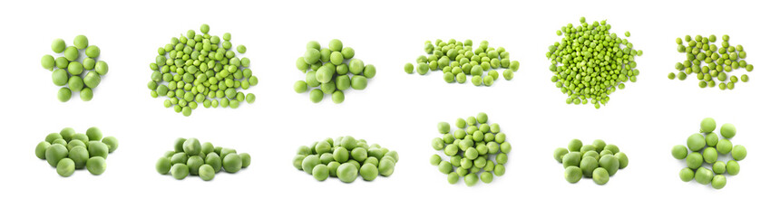 Fresh green peas isolated on white, collage. Top and side view