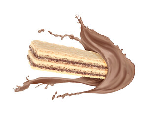 Tasty wafer and chocolate milk splash in air against white background