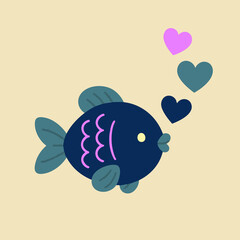 A cartoonstyle fish character with colorful hearts emerging from its mouth