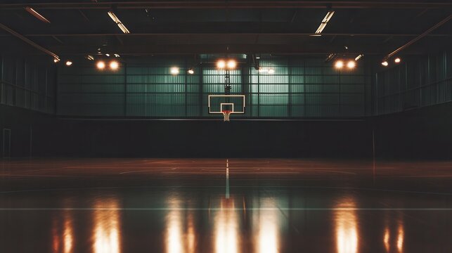 An empty basketball court is ready for a game in the gymnasium