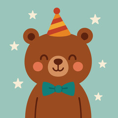 A cute brown teddy bear that is wearing a colorful party hat and a bow tie