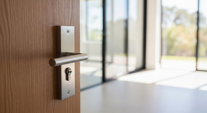 Close-up of a wooden door ajar, showcasing a modern interior bathed in sunlight, creating an inviting and contemporary ambiance.