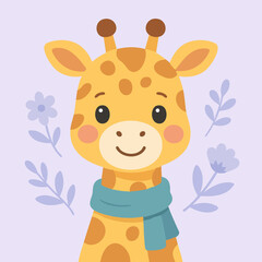 A whimsical giraffe with a colorful scarf and flowers on purple