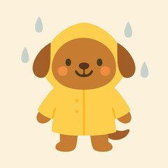 A cute dog in a bright yellow raincoat stands outside in the rain