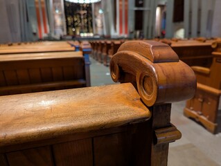 Close-up view of an ornate wooden church pew, focusing on the carved armrest, with a blurred...