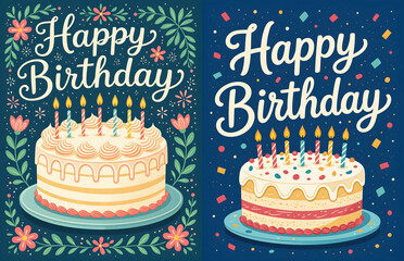Two birthday cards with cake and burning candles