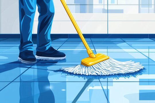 Person cleaning a shiny floor with a mop in a bright, modern indoor space